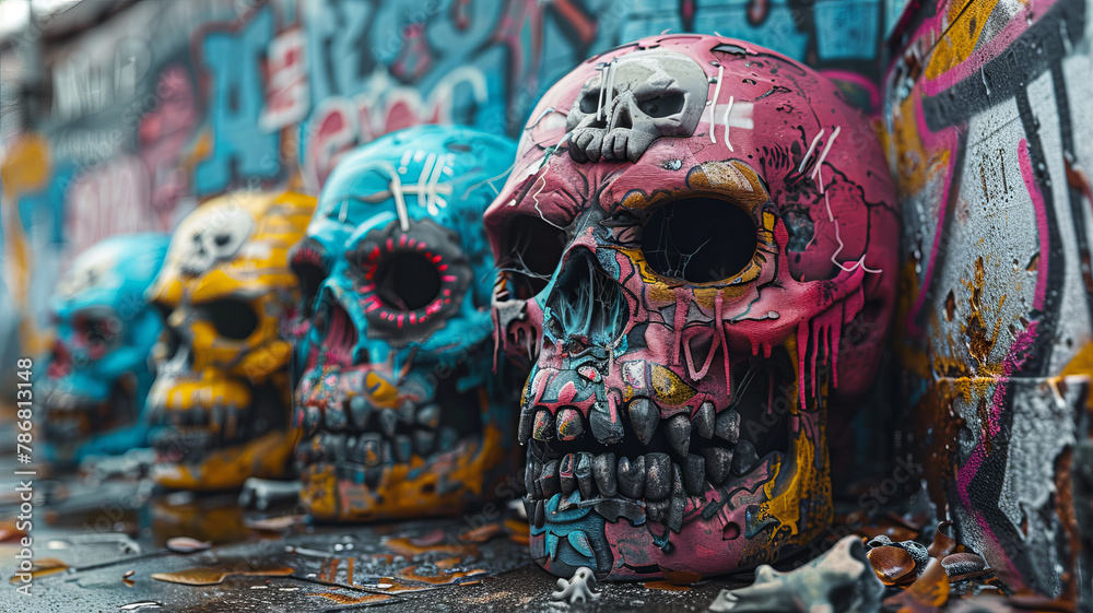 Fototapeta premium multiple awesome design worn colorful angry monster Skulls and bone stickers on top of each other, Street art style, comic,generative ai