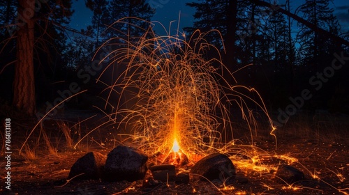 Long exposure captures the raw energy of the campfire as sparks dance and twirl, creating a captivating display against the blackness of the night