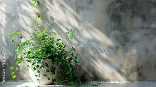 A potted plant sits on a ledge in front of a wall