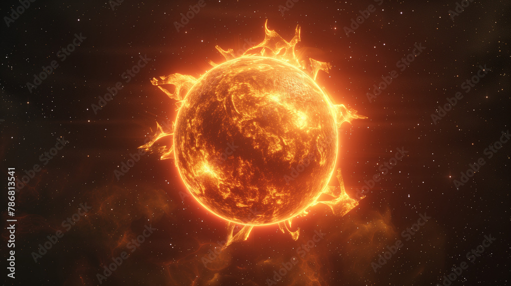 Obraz premium Bright sun, the sun with an orange glow and glowing edges. The background is dark space, with stars visible in all directions. In front of it stands a small planet. Sun radiates 