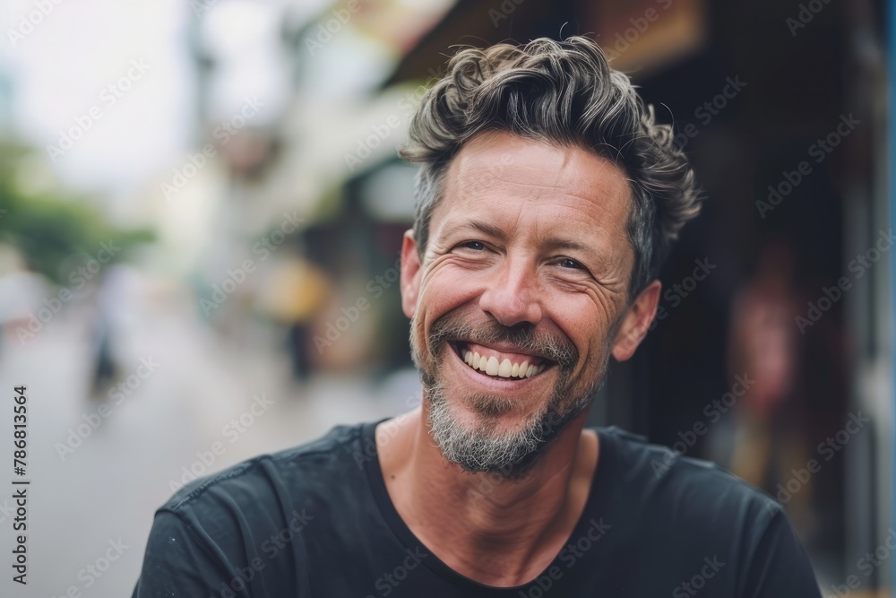 Portrait of handsome middle aged man smiling at camera in the city Portrait of handsome middle aged man smiling at camera in the city