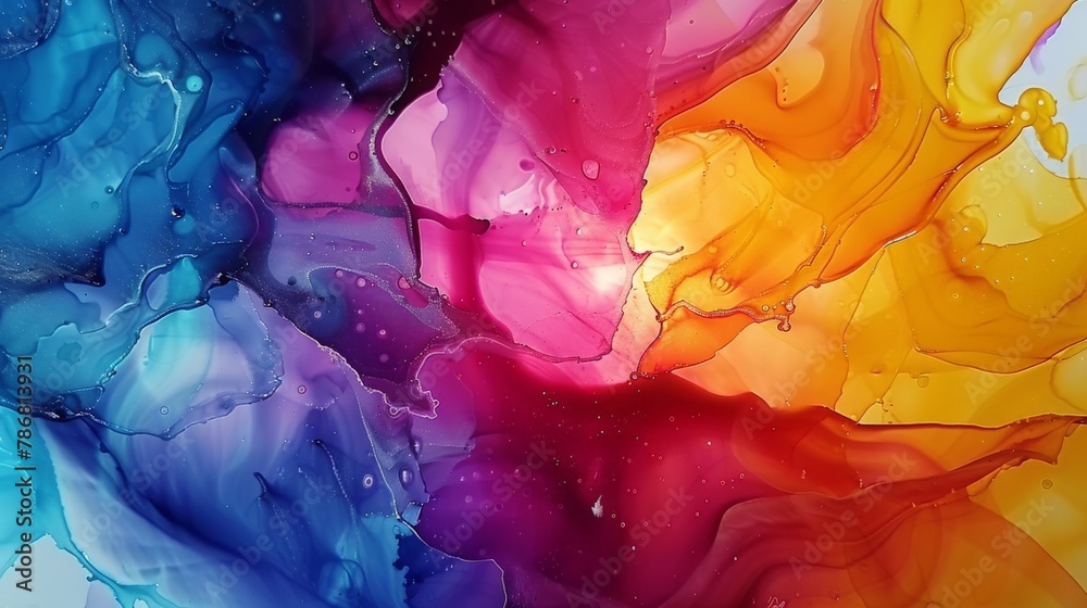  the dynamic energy of a colorful alcohol ink abstract creation, where vivid hues explode across the canvas in a riot of color and movement,  