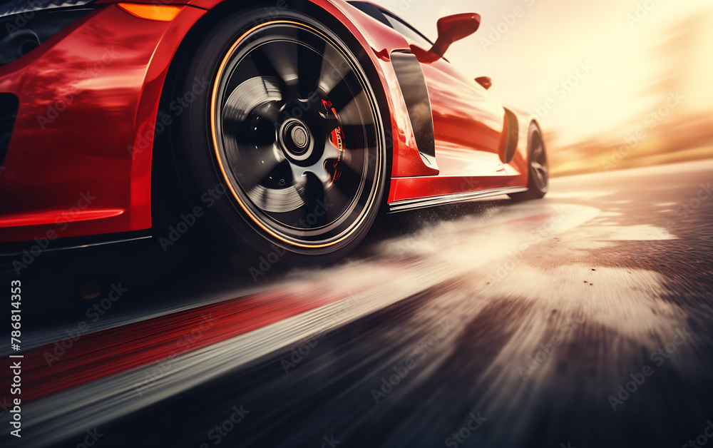 Sport car with smoke on the road. 3d render image.