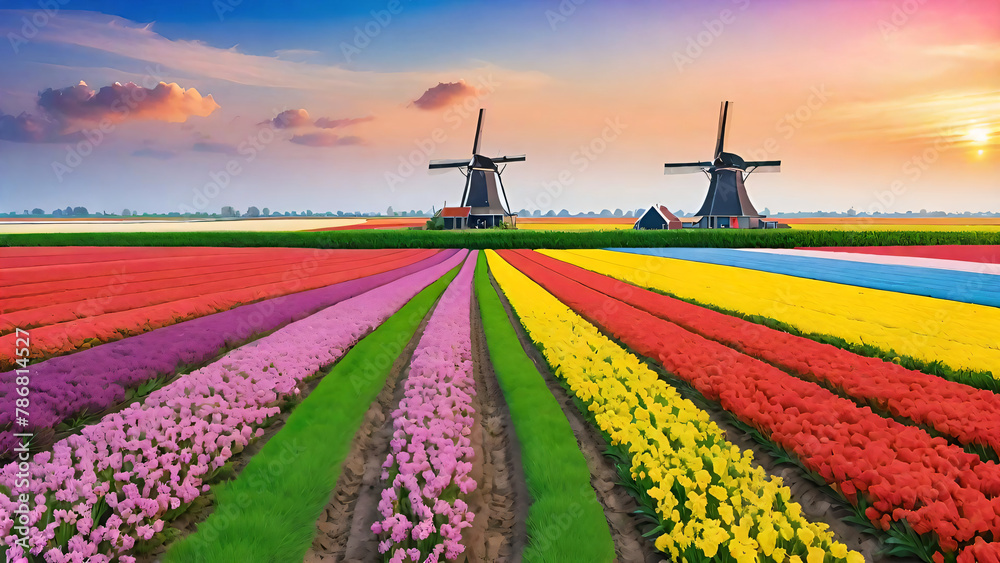 Colorful flower fields landscape