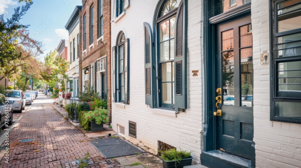 Sidewalk paved with bricks, flanked by a series of white buildings. Quaint and inviting cityscape Sidewalk paved with bricks, flanked by a series of white buildings. Quaint and inviting cityscape