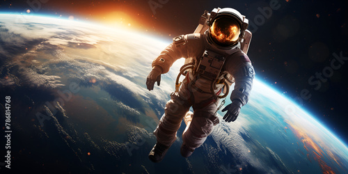 astronaut flying in outer space over planet earth Spacesuit Spacecraft background photo
