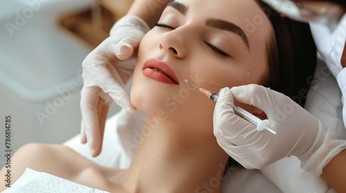 A beautiful woman getting Botox in her face, in the facial salon