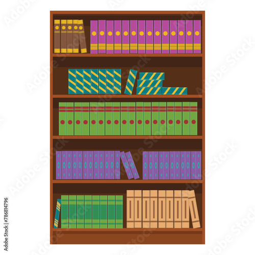 Wooden bookcase with books of library or bookstore. Book shelves with multicolored book spines
