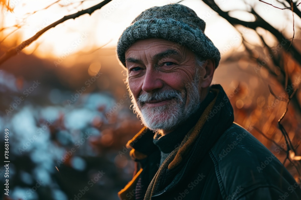 Portrait of an elderly man in a knitted cap on the background of the autumn forest. Portrait of an elderly man in a knitted cap on the background of the autumn forest.