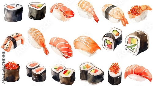 Various sushi stickers, watercolors, blank background