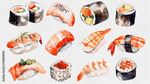 Various sushi stickers, watercolors, blank background
