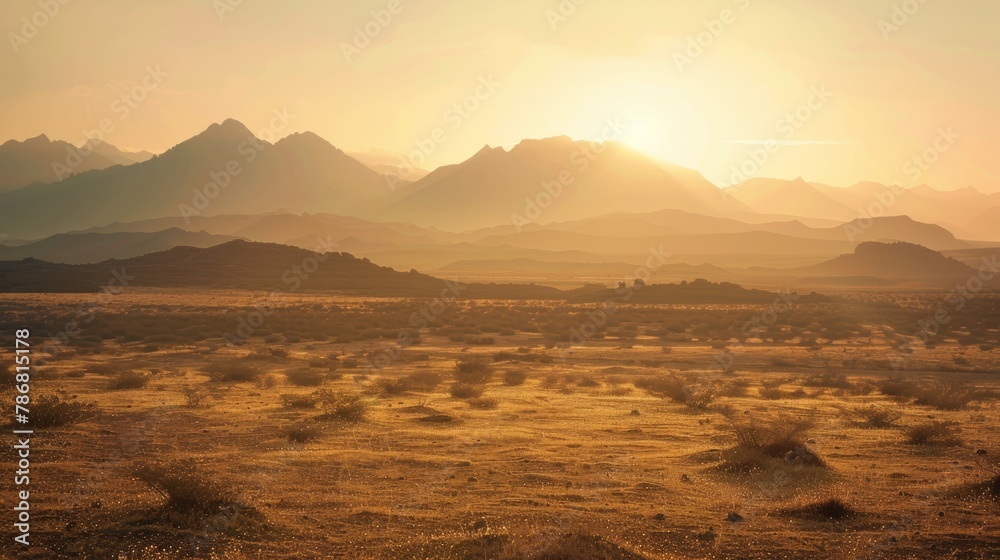 Vast desert expanse framed by distant mountain peaks, awe-inspiring and expansive vista