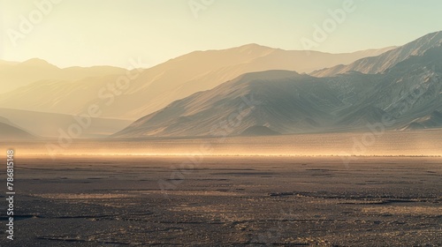 A desert landscape with a mountain range in the background
