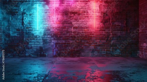 the timeless appeal of an empty background featuring an old brick wall bathed in the soft glow of neon light, each weathered brick and flickering light  © UMAR SALAM