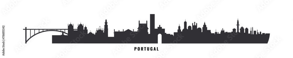 Portugal country skyline with cities panorama. Vector flat banner, logo. Lisbon, Porto, Coimbra, Braga silhouette for footer, steamer, header. Isolated graphic