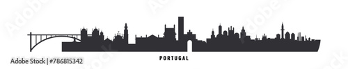 Portugal country skyline with cities panorama. Vector flat banner, logo. Lisbon, Porto, Coimbra, Braga silhouette for footer, steamer, header. Isolated graphic