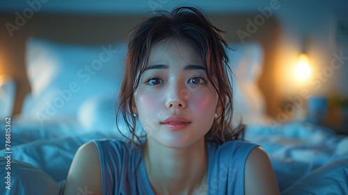 asian woman sitting in bed eyes closed  looking upset  dimly lit generative ai