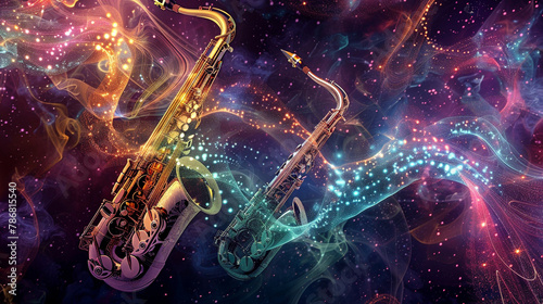 An abstract representation of a tenor saxophone, violin, and clarinet, depicted as intertwining ribbons of light against a background of shimmering stardust   photo