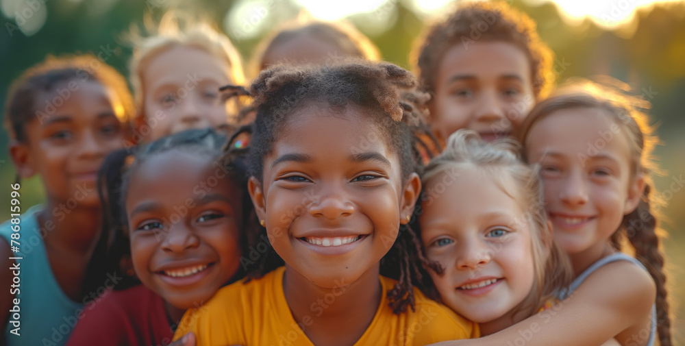 Fototapeta premium Sunset Glow of Friendship: Multiethnic Children's Portrait, Unified Smiles, and Shared Joy