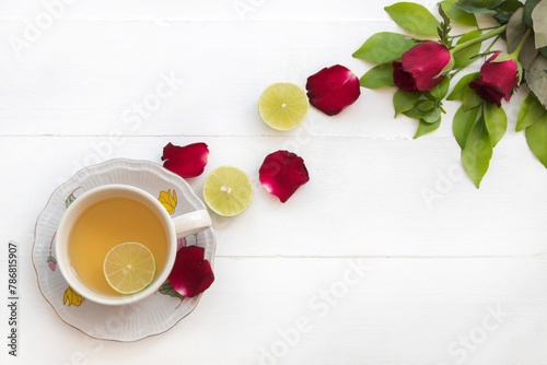 herbal drinks hot lemon for health care arrangement flat lay style on background wooden white