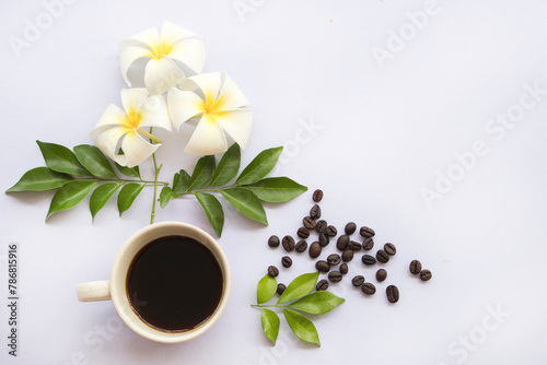 hot coffee espresso with coffee beans arrangement flat lay postcard style on background white