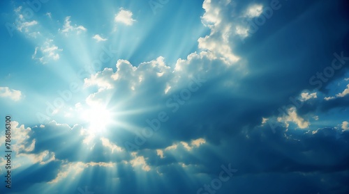 dramatic blue clouds with sunlight rays background from Generative AI