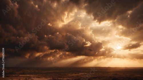 dramatic brown clouds with sunlight rays background from Generative AI #786816304