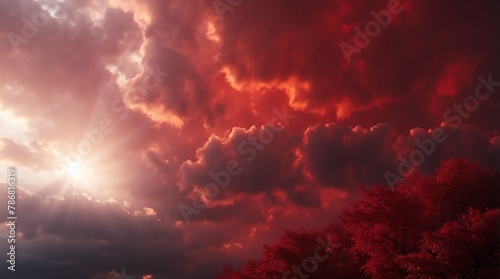 dramatic burgundy red clouds with sunlight rays background from Generative AI © SevenThreeSky