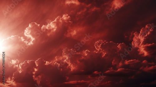 dramatic burgundy red clouds with sunlight rays background from Generative AI