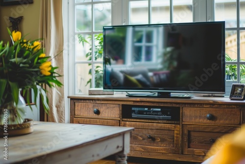 A television is turned off and a vase of flowers sits on a table photo