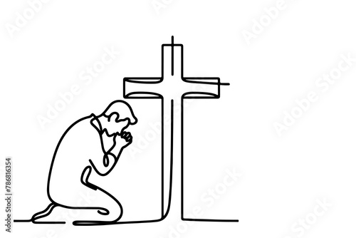 continuous one single black line drawing person kneeling and praying in front of the cross vector illustration on white background.