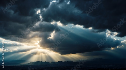 dramatic dark clouds with sunlight rays background from Generative AI © SevenThreeSky