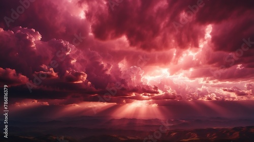 dramatic dark pink clouds with sunlight rays background from Generative AI