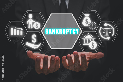 Quadro su tela Bankruptcy concept, Businessman hands holding crisis, debt, creditor, legal process, bank and moratorium icon on virtual screen