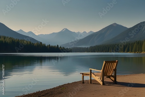 Chair on the shore of a serene lake with tall serene mountains in the background. Generative AI