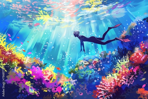Man swimming in ocean with colorful coral reef backdrop  immersive underwater adventure