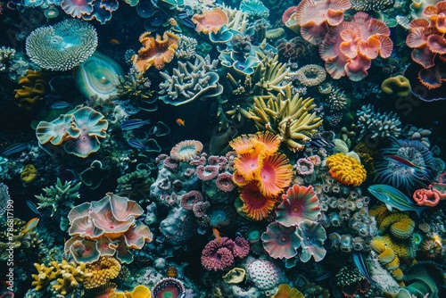 Dazzling underwater world filled with colorful fish and coral formations, captivating and surreal aquatic landscape