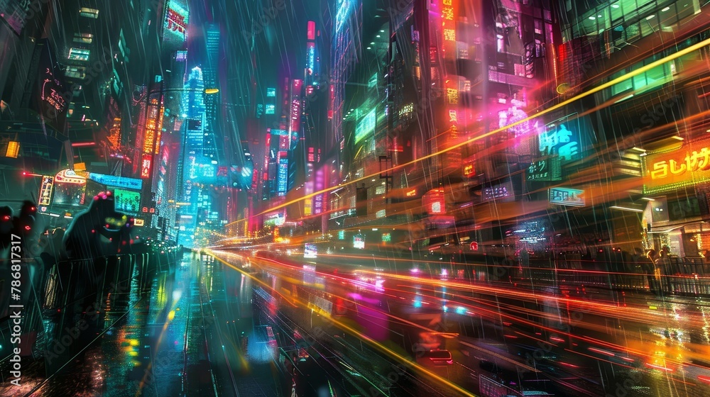 Visualize a digital dreamscape where a 3D spectrum of neon colors pulses and flickers, evoking the vibrant energy of a futuristic city at night.