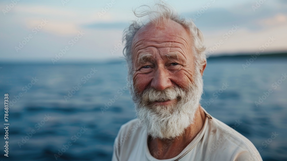 Smiling elderly Caucasian man with a beard enjoying a day by the sea gazing at the camera against the backdrop of the water and horizon Smiling elderly Caucasian man with a beard enjoying a day by the sea gazing at the camera against the backdrop of the water and horizon