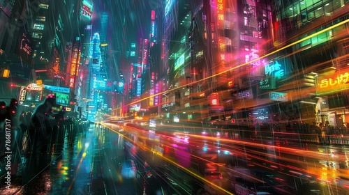 Visualize a digital dreamscape where a 3D spectrum of neon colors pulses and flickers  evoking the vibrant energy of a futuristic city at night.