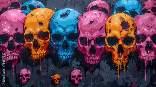 multiple awesome design worn colorful angry monster Skulls and bone stickers on top of each other, Street art style, comic,generative ai