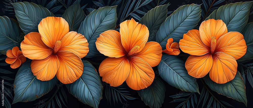 three orange flowers with green leaves on a black background three orange flowers with green leaves on a black background