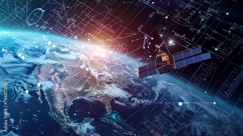 Fototapeta Naklejka Na Ścianę i Meble -  A satellite is seen flying over the Earth in this realistic stock photo. The satellite is orbiting the planet, capturing data and images from space.