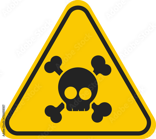 Yellow triangle safety sign pictogram icon of danger, poison, toxic warning with illustration head of skull and bones in cartoon style