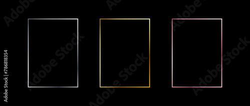 Silver, golden and rose gold thin frames. Shiny art deco rectangle borders set. Thin line glowing grey, yellow and pink boarder element collection. Vector bundle for Christmas, birthday decor pack
