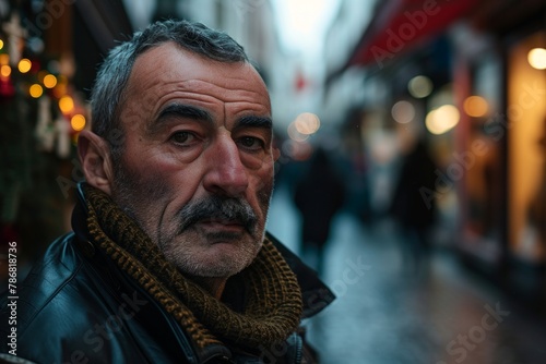 Portrait of an old man on the streets of the city.