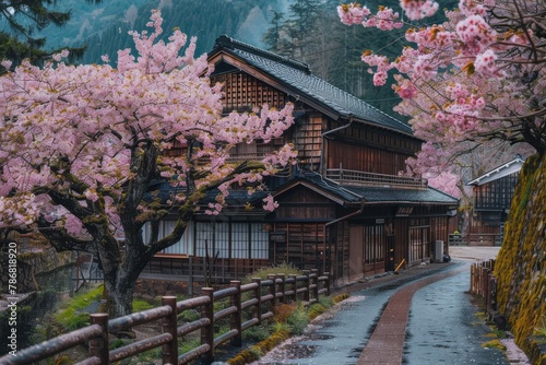 A wooden house stands in the background with vibrant cherry blossom trees in full bloom in the foreground.