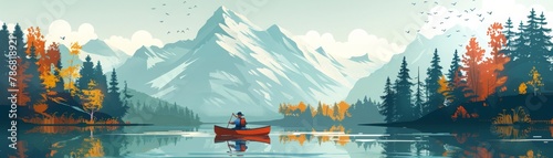 A peaceful illustration of a person canoeing on a calm lake with majestic mountains and autumn trees in the background. photo