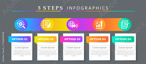 Steps infographics design layout template including icons of research, content, digital marketing, sales and results. Creative presentation with 5 options concept.