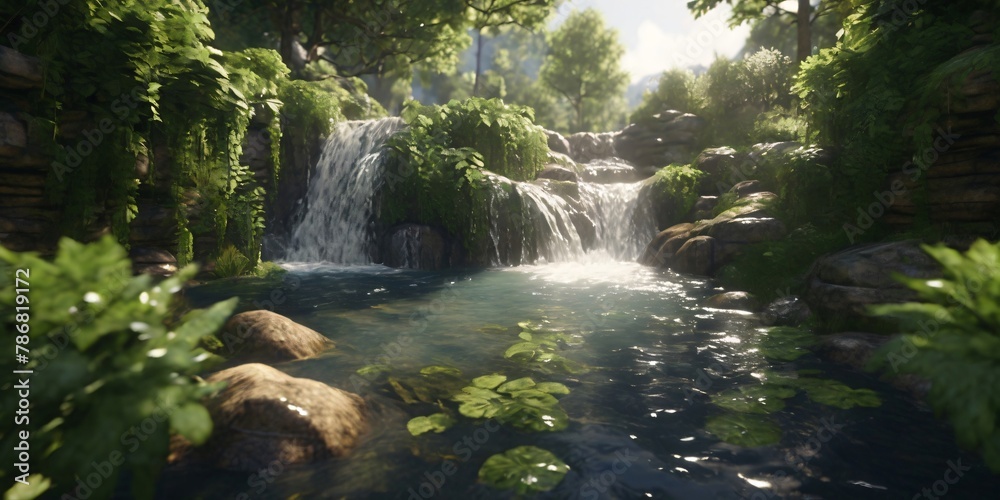 Cascading water surrounded by lush foliage